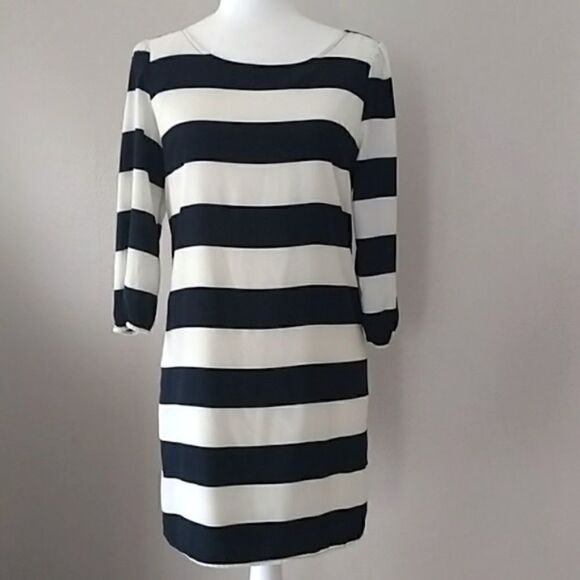 Francesca's Striped Dress Navy Blue & Cream Zip Back, Size Small - Picture 1 of 7